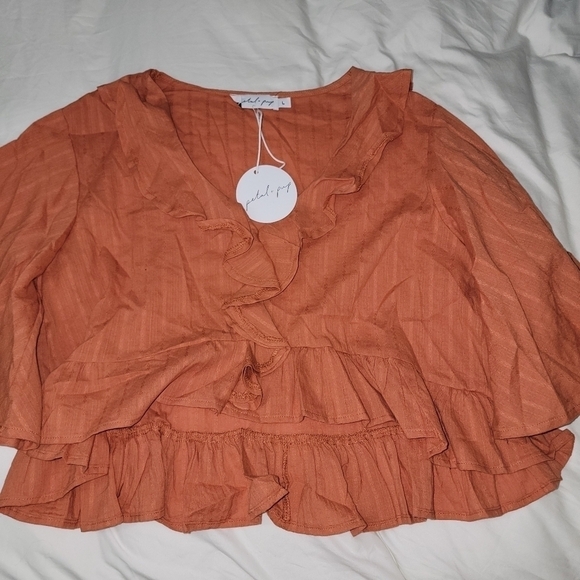 Petal & Pup Flutter Sheridan Sleeve Boho Ruffle Peasant Blouse Top Large Rust - Picture 2 of 14